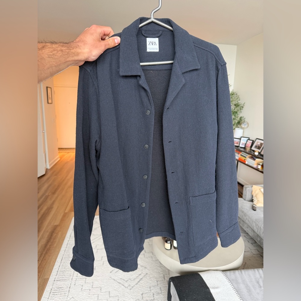 Zara Men’s Dark Navy Button-Front Knit Shirt Jacket